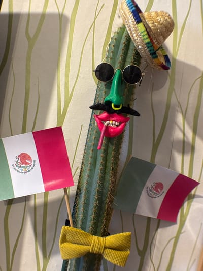 The image shows a cactus laid horizontally on a surface with a light-colored, patterned fabric. A miniature sombrero and a pair of sunglasses rest on the left end of the cactus. A green and red art sculpture is in the middle, with two small Mexican flags on either side. A yellow bow is located on the right end of the cactus. The location of Novo-Nikol'skoe, Russia, cannot be determined from the image.