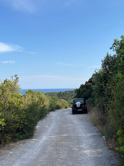 The image shows a dark-colored SUV parked on a gravel road lined with lush green trees. The road appears to be a narrow path, possibly in a rural or coastal area, with dense foliage on one side and a panoramic view of the ocean and a tree-covered hillside on the other. The sky is a clear, bright blue, suggesting it's daytime with fair weather. The SUV has a spare tire mounted on the rear door, which has a circular white cover with a black skull graphic on it. The license plate is visible and reads "BG 690 EL". There is also some text on the rear of the spare tire cover that appears to be a logo or name, potentially "Kerando". The overall scene evokes a sense of adventure and exploration, with the vehicle positioned as if taking a break during a scenic drive. The lighting and vibrant green foliage indicate it is likely a sunny day, possibly in the late morning or early afternoon. The location context suggests Dubraljevina, Montenegro, which is known for its coastal landscapes.