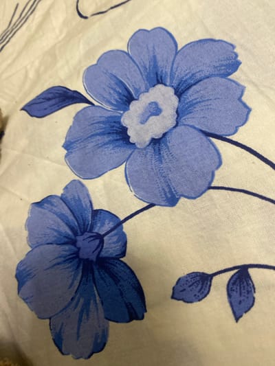 This is a close-up, high-angle shot of a white fabric with a blue floral pattern. Two blue flowers are visible, one larger and higher up, and another smaller one below it. The flowers have multiple petals and lighter blue centers. Thin blue stems and leaves extend from the flowers. The fabric appears to be slightly wrinkled. There are no people or any indications of the city of Machara, Abkhazia, in this image.