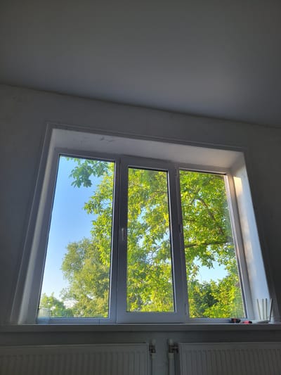 The image shows a white-framed window with three panes, looking out onto a bright blue sky and lush green trees. The window is set into a white wall, and below it is a white radiator. On the windowsill, from left to right, there is a clear glass mug, a small orange and red object, and a white router with three vertical prongs. The lighting suggests it is daytime, with sunlight streaming in from the right side of the frame.