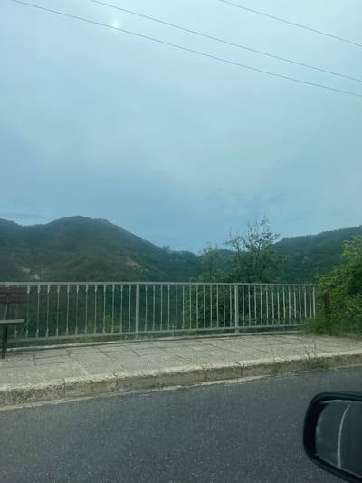 The image captures a scenic view of rolling, tree-covered mountains under a hazy sky. In the foreground, a metal railing runs horizontally, separating a paved walkway from a steep, wooded incline. A wooden bench is visible to the left of the railing. The walkway is constructed of concrete slabs with a decorative pattern. A road occupies the bottom of the frame, with a car's side mirror visible on the right. The location is identified as Pechinska, Bulgaria.
