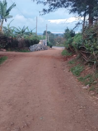 The image shows a dirt road in Othaya, Kenya, at coordinates -0.44 latitude and 36.958 longitude. The road is dusty and appears to be unpaved. There is a pile of rocks on the left side of the road, and trees and vegetation line both sides.  There is a paved road visible in the background to the right of the dirt road.  There are no people or vehicles present in the image.  The sky is overcast with a light blue hue.  The overall impression is one of a rural setting.  The image appears to have been captured with a handheld device, as the perspective is slightly off-center and there is a degree of blur.  The image is focused on the dirt road, with the background being slightly out of focus.