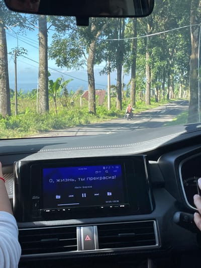 The image shows the interior of a car looking out at a scenic road lined with trees. In the foreground, a car's infotainment system displays song information, including the title "О, жизнь, ты прекрасна!" and the artist "Найк Борзов". The time is shown as 10:00 PM. A person's hand with a red bracelet is visible on the left side of the frame. Outside the car, a road winds through a lush green landscape with tall trees and vegetation. A person on a motorcycle is seen in the distance on the road. The sky is a clear blue. The image captures a moment of travel through what appears to be a rural or natural setting. There are no specific visual cues in the image that definitively place the location in Tamansari, Indonesia.