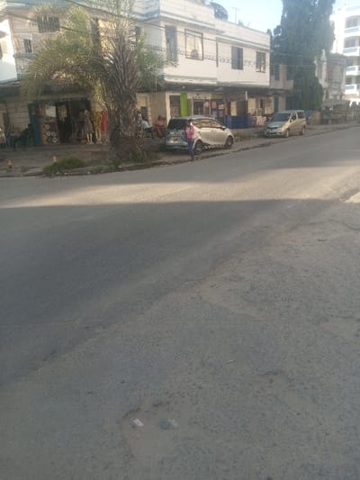 This image depicts an urban street scene in Ganjoni/Shimanzi ward, Kenya, characterized by a paved road, adjacent commercial buildings, and parked vehicles under clear skies.
The foreground consists of an asphalt road surface exhibiting wear, minor cracks, and scattered debris including light-colored paper and green refuse within shallow depressions. Shadows are cast diagonally across the road from left to right.
In the midground, a paved roadside area runs parallel to a multi-story building. A silver hatchback, appearing to be a Toyota Ractis, with a Kenyan license plate prefix "KAU", is parked curbside. Its rear hatch is open. A single individual, dressed in a pink top and blue trousers, stands at the rear of this vehicle, interacting with its cargo area. Further down the street, a beige minivan is also parked curbside.
The building on the right is light-colored, multi-storied, and features multiple windows on its upper floors. Its ground floor houses several commercial establishments. The leftmost visible shop displays "SALON" above its entrance, with two mannequins dressed in patterned clothing positioned near the opening. Adjacent to this, a large palm tree with a thick trunk stands on a small dirt median. To the right of the palm tree, another shop displays various items including blue barrels and other goods. Outside one of these shops, a group of approximately three to four individuals is seated on a low wall or bench.
The background reveals additional urban structures, including taller, more contemporary buildings and a distinct older building with intricate architectural details further down the street on the right. Power lines are visible in proximity to the buildings. The sky is clear, indicating fair weather conditions.