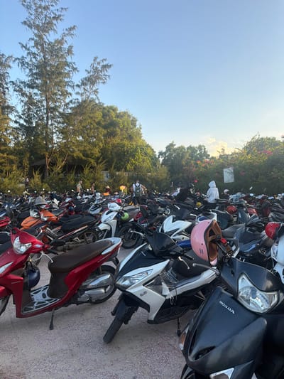 The image depicts a crowded parking lot filled with a large number of scooters and motorcycles, primarily in a light-colored, textured ground surface. The scene is set outdoors with lush green trees and foliage surrounding the parking area, suggesting a tropical or subtropical environment. The sky is clear and blue, indicating daytime.
In the foreground, several scooters are prominently visible. One is a bright red Honda scooter on the left, with its headlight and leg shield clearly displayed. Next to it, to the right and slightly behind, is a white and black scooter. In the middle ground, a predominantly white scooter with black accents is parked. To the right of this, a black scooter with a carbon fiber-like textured front panel and the "HONDA" logo is visible.
Interspersed among the vehicles are various helmets, including a pink helmet on a handlebar in the middle right of the frame. There are several individuals present in the parking lot. Some are standing near their scooters, while others are walking through the crowded rows. In the middle ground, a person wearing a white hooded garment is standing, and another person in a black shirt is near a scooter. Further back, a few individuals are seen in the distance, and some appear to be interacting with each other. One person is wearing a conical hat, a traditional Vietnamese headwear.
The background features more trees and vegetation, with some flowering plants visible on the right side. The overall impression is a busy parking area, likely in a public space such as a tourist attraction or a commercial area in Cam Lam, Vietnam, given the presence of scooters and the distinctive foliage. The lighting suggests it is either late afternoon or early morning, with the sun casting some warm light.