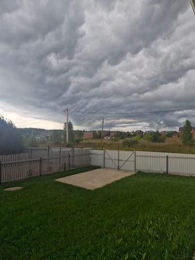 The image depicts a residential backyard in Aleksino, Russia, under a cloudy sky. The foreground is dominated by a lush green lawn. To the left, a weathered wooden fence encloses a portion of the yard, with a concrete patio area visible in front of it. To the right, a metal fence with a gate runs along the property line. In the midground, beyond the fences, is a field with dry grasses and wildflowers. A single power pole with overhead wires is visible. In the background, a line of trees separates the immediate area from a cluster of houses with various rooflines, suggesting a suburban or semi-rural setting. The overall atmosphere is somber due to the heavy cloud cover.