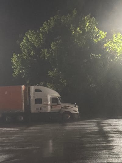 A semi-truck with an orange trailer is parked on a wet asphalt surface. The truck is white with some red accents. A large, leafy tree is visible behind the truck, illuminated by a light source from the right side of the image. The ground appears to be reflective, suggesting recent rain. The overall scene is dark, indicating it is nighttime or very early morning. The location of Wildwood, United States, is not discernible from the image itself.