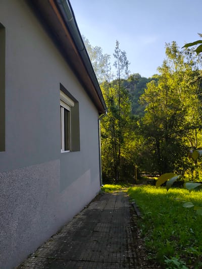 The image depicts a side view of a grey, single-story building with a modern design, featuring a textured lower section of the wall. A white-framed window with a closed roller shutter is visible on the side of the building. A narrow tiled pathway runs along the side of the house, bordered by a strip of green grass and then a lush forest. The trees are dense and predominantly green, with sunlight filtering through them, creating a dappled effect. The ground slopes upwards into a wooded hillside in the background. The sky is clear and blue. This scene is located in the town of Zemen, Bulgaria, likely in a residential area adjacent to a natural environment. There are no people visible in the image.