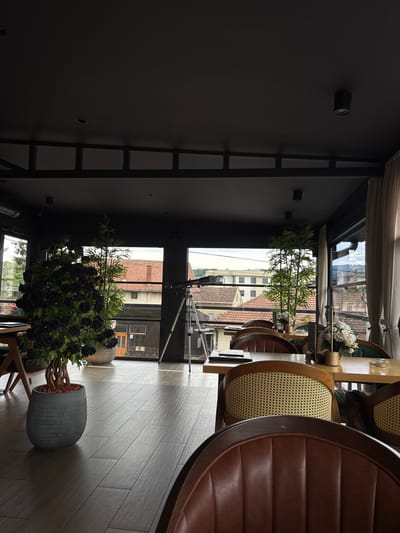 The image shows the interior of a modern restaurant or cafe, with a focus on the dining area and a large window offering a view of the surrounding city. The perspective is from a seated position, looking towards a table with chairs.
The subjects include several chairs with brown leather upholstery and cane detailing, a large potted plant with dark roses and bamboo stalks, and a smaller potted plant. The setting appears to be indoors, with a dark gray wall on the left and a wooden floor. Large windows dominate the background, revealing an urban landscape with buildings and terracotta rooftops, suggesting a daytime setting under clear skies.
Notable details include the stylish furniture, the decorative plants, and the architectural elements of the building, such as the visible framing of the windows and the dark wall paneling. The overall mood is sophisticated and contemporary. There is no visible text in the image.