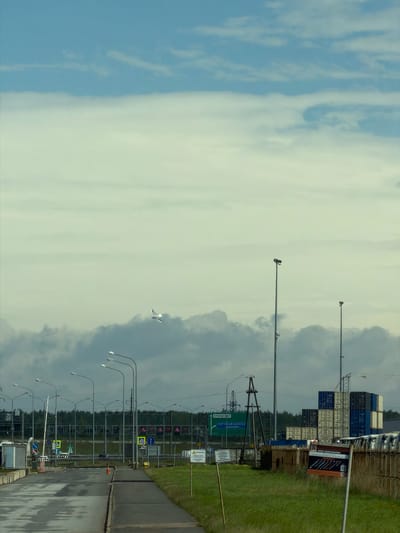 The image depicts a scene in Lisy Nos, Russia, featuring a road running parallel to a field and a line of utility poles with lights. To the right, shipping containers are stacked behind a fence and advertising. A bird is visible in the sky. The sky is partly cloudy, with a blue section on the left and a gray section on the right. The road appears wet and is marked with pedestrian crossing signs. A truck is visible in the distance.