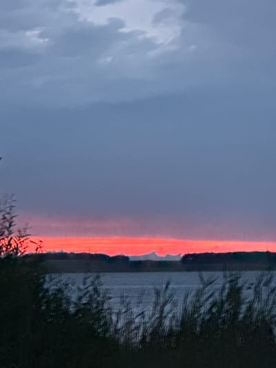 An extreme wide shot captures a twilight scene over a body of water, likely a lake or river, near Володарский ауылдық округі, Kazakhstan. The sky is a gradient of deep blue at the top, transitioning to a soft grey and then to a vibrant band of crimson and orange just above the horizon, indicating the last rays of the setting sun. Clouds are scattered across the upper sky, appearing as soft grey masses.

In the mid-ground, a dark, silhouetted tree line runs horizontally across the frame, forming the distant shore. The water in the foreground is a muted grey, reflecting the dim light of the sky. Tall reeds or grasses, also in silhouette and a dark shade, fill the bottom portion of the image, creating a natural frame and obscuring the immediate foreground. The overall impression is one of a tranquil, natural landscape at dusk. There are no people or man-made structures prominently visible, reinforcing the natural setting.