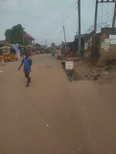 The image shows a dirt road in Junction, Nigeria. A young boy wearing a blue shirt and black shorts walks along the road. There are several small shops and buildings lining the road, and there are many power lines overhead. The road is in poor condition and there is a drainage ditch on the side of the road, which is filled with trash. The sky is cloudy and the weather appears to be overcast. There are several people walking on the road in the distance, and some vehicles are parked on the side of the road. The buildings are made of brick and concrete. The road is dusty and uneven. The image was likely taken in the afternoon.  The coordinates correspond to a location in the city of Junction, Nigeria. The scene is typical of many urban areas in Nigeria, showing the challenges of rapid urbanization and the need for infrastructure development.