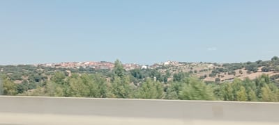 The image depicts a panoramic view of a town situated on a hillside, likely El Vellón, Spain, under a clear, pale blue sky. The town is characterized by a cluster of buildings with red-tiled roofs, nestled amidst rolling, arid hills covered in sparse vegetation and scattered trees. In the foreground, a blurred concrete barrier suggests a roadside perspective, possibly from a vehicle. The middle ground is dominated by a dense line of trees, with some appearing to be in motion, indicating a sense of movement within the frame. The overall impression is a sun-drenched, rural landscape with a village perched on a distant ridge.