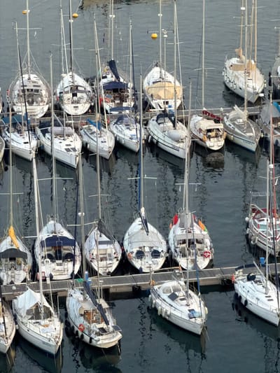 This is a high-angle, full-shot, eye-level photograph of a marina filled with numerous sailboats. The boats are docked side-by-side, with their masts forming a dense forest of rigging. The water is dark and choppy, reflecting the undersides of the boats and the sky. The boats are of various sizes and designs, mostly white, with some sporting blue awnings or sails. The scene appears to be in Santa Maria Navarrese, Italy, judging by the presence of the marina and the architectural style of the nearby buildings, which are not fully visible in this frame. There are no people clearly visible in the image, and the boats appear to be stationary, docked in the marina. The lighting suggests it is daytime, possibly late afternoon or early morning due to the soft shadows. The overall impression is one of a peaceful harbor with many sailboats ready for sea.