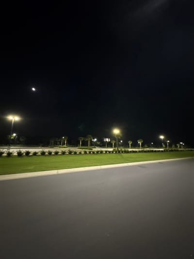 An outdoor, eye-level, medium shot captures a nighttime scene with a bright crescent moon in the upper left quadrant of the dark sky. The foreground features a dark gray asphalt surface extending from the bottom right corner of the frame to the left. This asphalt surface is bordered by a pale yellow curb and then a well-maintained, bright green grassy area.
Beyond the grass, a row of short, manicured bushes runs horizontally across the mid-ground. Behind the bushes, a series of streetlights with visible bulbs illuminate the area, casting a warm glow. Further back, several palm trees are scattered across the scene, their silhouettes visible against the night sky. The background is dark and indistinct, suggesting a dimly lit environment. The scene appears to be an outdoor public space, possibly a park, parking lot, or street in Panama City Beach, Florida, United States of America, given the presence of palm trees and the overall landscaping. No people or specific actions are depicted in the image.