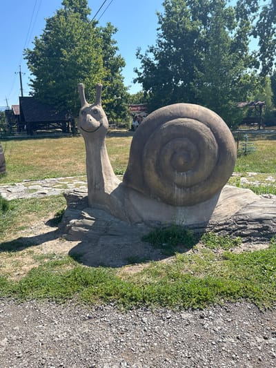 The image captures a concrete sculpture of a snail in an outdoor setting. The snail sculpture is positioned on a base made of grey stones and what appears to be a large log. It has a distinct spiral shell and a head with two antennae, featuring a smiling expression. The sculpture is situated on a grassy area, with a gravel path visible in the foreground. In the background, there are trees, a gazebo-like structure, and a sign with Cyrillic text. The sky is clear and blue, indicating a sunny day. The environment suggests a park or recreational area, likely in Lypcha, Ukraine, given the visual context and typical rural landscaping. There are a few indistinct figures in the background, near the sign.
