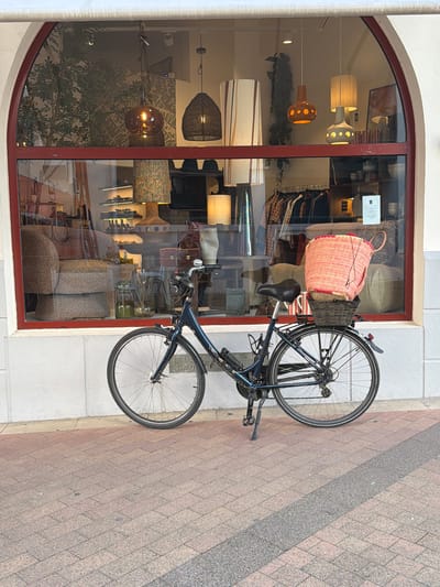 This image depicts a dark blue bicycle parked on a tiled sidewalk in front of a shop window in Saint-Jean-de-Luz, France.

The bicycle, equipped with a black seat and silver spokes, is positioned facing left and supported by a deployed kickstand. A black wicker-style basket is mounted on its rear rack, containing a large, upright reddish-pink woven straw basket with a red handle.

Behind the bicycle is a building with a white facade. A large, arched rectangular display window, framed in dark red, occupies the center of the image. The shop interior, visible through the window, showcases various home decor items and clothing. Hanging pendant lamps of diverse designs are prominent, including an amber glass globe, a dark woven fixture, an orange ceramic lamp with cutouts, and a white and brown striped cylindrical shade. Table lamps with patterned fabric shades and beige ceramic bases are also displayed. In the lower left of the window, an upholstered armchair with a textured pattern is stacked. Clothing racks with various garments are visible further back. Green foliage decor is present in the upper part of the display.

The sidewalk in the foreground is paved with reddish-brown rectangular pavers. A narrow, lighter beige strip runs along the base of the building, and a diagonal band of darker gray granular pavement crosses the lower right of the frame. Sunlight illuminates the scene, casting the bicycle's shadow onto the sidewalk. No people are visible.
