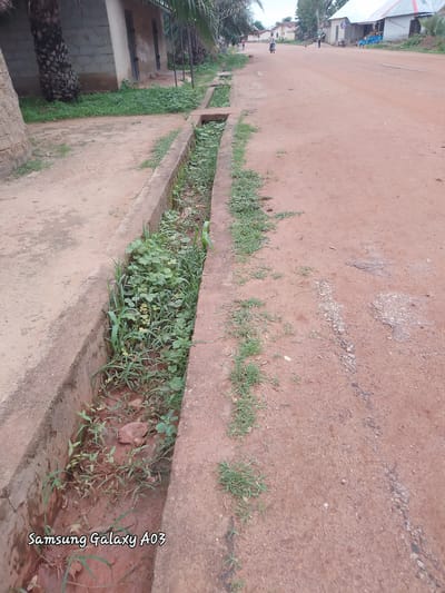 A medium-shot, eye-level, horizontal, outdoor photograph captures a dirt road in Doka-Tofa, Nigeria. On the left, a concrete drainage ditch is partially filled with green vegetation. The road itself is unpaved and reddish-brown, with some small pebbles and patches of darker soil. In the background, several buildings line the right side of the road. One building has a white, corrugated metal roof, and another appears to be made of concrete blocks with a beige facade. A few people are visible in the distance on the road. One person rides a motorbike, and another walks. A dog also appears to be present. The sky is overcast. The bottom left corner of the image displays the watermark "Samsung Galaxy A03".