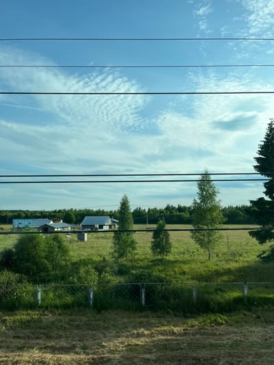 The image depicts a rural landscape with several buildings scattered across a grassy field. The sky is a clear blue with wispy white clouds, and several power lines are visible in the foreground, running horizontally across the frame. In the distance, a line of trees forms a dark green border against the horizon. Some of the buildings appear to be sheds or barns, with metal roofs. A fence runs along the bottom of the frame, separating the grassy field from a more overgrown area. The overall scene suggests a tranquil, agricultural setting. The specific location in Malaya Vishera, Russia, cannot be determined from the image alone, as the image does not contain any identifying landmarks or text.