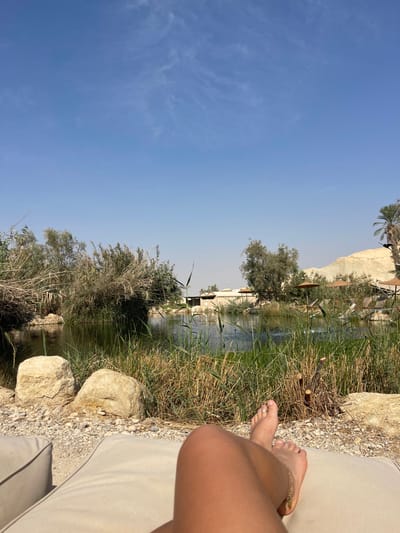 The image displays a first-person, downward-angle perspective of an outdoor leisure area situated within the Arava Tichona Regional Council, Israel. In the immediate foreground, the lower legs and bare feet of an individual are visible, resting on a light-colored, cushioned lounge surface. The individual's skin appears tanned; an anklet is present on the right ankle, and a silver-colored ring is visible on the second toe of the right foot.
Beyond the lounge, a transitional zone of light-colored rocks and gravel precedes the edge of a still body of water, likely a pond or small lake, which occupies the mid-ground. The water's surface reflects the blue sky and features a visible fountain creating ripples near its center. The banks of the water body are densely covered with tall, green reeds and various other types of lush, green vegetation, including some taller trees.
Across the water, on the opposing bank, multiple low-rise, light-colored buildings with flat roofs are partially visible amongst the greenery. Several tan, parasol-style shade umbrellas are positioned near these structures, indicating outdoor seating. A prominent date palm tree stands on the far right side of the distant bank. The background features a large, light-colored desert hill or mountain. The sky above is clear and bright blue, with minimal, wispy white clouds. The scene is illuminated by strong, direct sunlight, consistent with a sunny day in an arid environment.