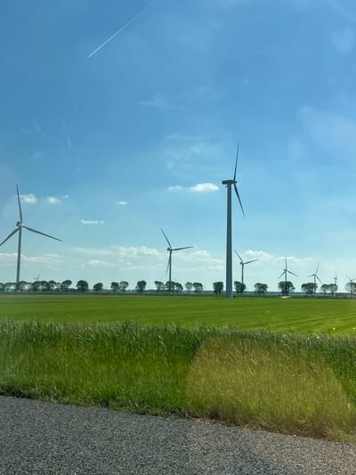 The image depicts a wind farm in Lelystad, Netherlands. A line of several wind turbines stretches across a green field under a blue sky dotted with light clouds. A line of trees runs along the edge of the field, parallel to the turbines. A gray, grainy asphalt surface is visible on the right edge of the image. A contrail from an airplane cuts across the blue sky.