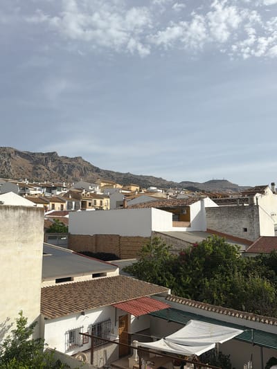 The image depicts a panoramic view of the town of Villanueva De La Concepción, Spain, with a rugged mountain range in the background. The foreground and middle ground are filled with tightly packed residential buildings, characterized by white-washed walls and terracotta tiled roofs. Many of these structures feature traditional Spanish architectural elements. Greenery, including trees and bushes, is interspersed throughout the town, adding a touch of nature to the urban landscape. The sky above is partly cloudy, with a mixture of white and grey clouds against a pale blue backdrop. The overall scene conveys a sense of a typical Mediterranean town, bathed in natural light.