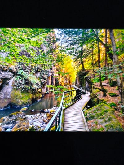 The image depicts a scenic view of the Struilitsa Eco Trail in Devin, Bulgaria. A wooden boardwalk with metal railings winds through a narrow gorge. On the left, moss-covered rock formations rise vertically, bordered by a stream with rocks. On the right, trees and mossy rocks surround the boardwalk. Sunlight filters through the trees. No people are visible.