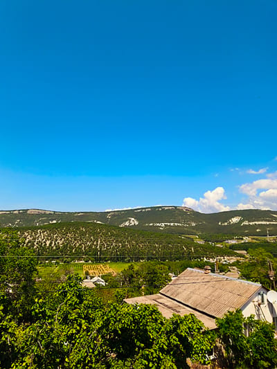 This image captures a panoramic view of a rural landscape in Терновский округ, Ukraine, under a bright, clear blue sky. The upper two-thirds of the frame consists of an unobstructed blue sky, with a cluster of white cumulus clouds visible in the upper right quadrant and a singular, minuscule dark speck, likely a bird or distant aircraft, also in the upper right. The midground is dominated by a range of hills or low mountains, characterized by a mix of dense green forestation and lighter, exposed rocky or sparsely vegetated slopes. Below the hills, a valley contains neatly arranged cultivated fields and scattered residential structures. The foreground is heavily vegetated with vibrant green foliage, including trees and bushes. Prominently positioned in the lower right is the roof and partial facade of a residential building. This house features a weathered, light gray corrugated roof, a visible chimney, a white exterior wall with a green-framed window, and two white satellite dishes. Additional, partially obscured roofs of similar construction are visible among the trees. Multiple overhead utility wires extend horizontally across the lower midground, traversing the landscape above the foliage and houses. No people are discernible in the scene.