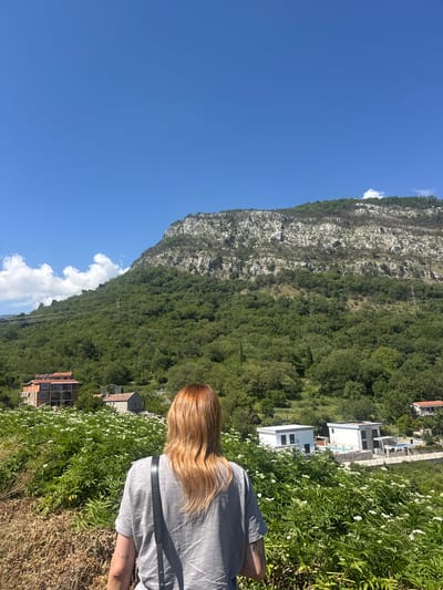 A person with blonde hair is standing in a field of white flowers, looking towards a mountainous landscape. The person is wearing a gray t-shirt and has a bag slung over their shoulder. In the background, there are several houses and a large, green, rocky mountain under a clear blue sky. The scene appears to be in a rural area, possibly in the vicinity of Podostrog, Montenegro, given the mountainous terrain and the presence of traditional and modern architecture.