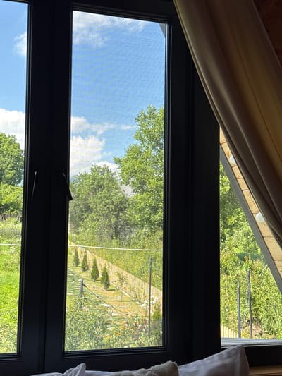 The image shows a view through a window of a garden with trees and plants. In the foreground, there is a white pillow on a bed. The window frame is black, and a tan curtain is partially drawn on the right side. Outside the window, there is a lush green garden with a pathway lined with small trees and lights. In the background, there are more trees and a bright blue sky with white clouds. This scene is located in Vardablur, Armenia.