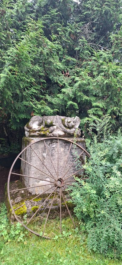 The image depicts a weathered stone sculpture of a resting feline, possibly a lion or panther, atop a cylindrical stone pedestal. The sculpture is adorned with moss and is positioned outdoors, surrounded by lush green foliage. In front of the pedestal, a rusted metal spoked wheel leans against the stone. The background is dominated by dense evergreen trees. The scene appears to be in a garden or a natural setting, with grass and smaller plants in the foreground. There are no people visible in the image. This scene is located in the garden of the Kata Village, Estonia, a village known for its unique art installations and natural surroundings.