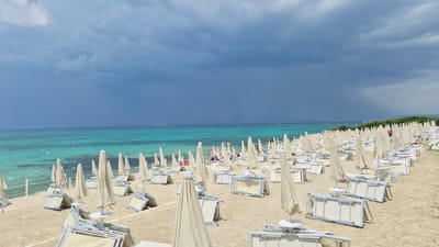 The image depicts a beach in Taranto, Italy, under a cloudy sky. The foreground is filled with rows of closed beach umbrellas and folded lounge chairs on a sandy shore. The sea in the background is a vibrant turquoise color, with some buoys visible in the water. A line of lush green vegetation borders the beach on the right. Several people are scattered across the beach, some lounging on chairs and others walking. The overall impression is one of a quiet, possibly pre-storm, beach scene.