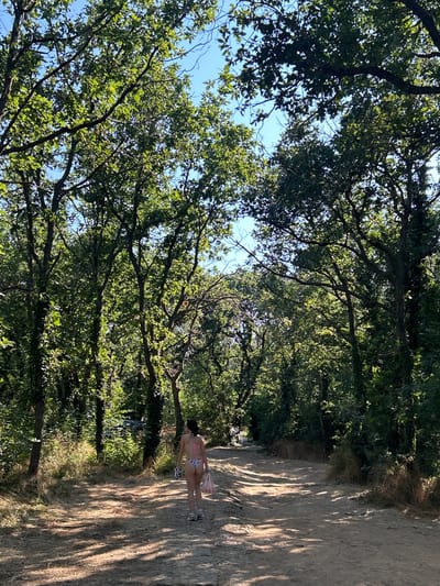 In the city of Atiya, Bulgaria, on a sun-dappled dirt path winding through a dense forest, a woman with dark hair walks away from the camera. She is wearing a bikini with a floral pattern and carrying a pink bag in her right hand. Her left hand holds what appears to be a helmet. The path is lined with lush green trees, their branches forming a canopy overhead, casting intricate shadows on the ground. The atmosphere is tranquil, suggesting a leisurely stroll through nature.