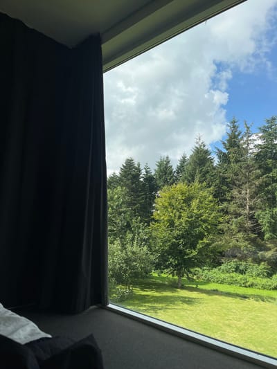 The image displays an outdoor natural landscape viewed from an indoor vantage point through a large window. A dark, floor-length curtain partially obscures the left side of the window. In the foreground indoors, a dark grey, textured surface, possibly carpet or upholstery, is visible, with a section of white and dark bedding material present in the lower-left corner. The window frame is light-colored and minimalist.
The exterior scene reveals a well-maintained green lawn extending from the base of the window. A prominent, mature deciduous tree with vibrant green foliage stands centrally on this lawn, casting shadows. Beyond the lawn, a dense line of trees forms the background, consisting primarily of tall, dark green coniferous trees interspersed with lighter green deciduous trees. The sky above is partly blue with scattered white cumulus clouds, indicating partial sunlight. No human subjects, animals, or artificial structures are visible in the outdoor environment. This location is within Skanderborg, Denmark, specifically a property situated adjacent to or within a wooded area, consistent with the natural landscape of the region, though a precise address is not identifiable from the visual evidence.
