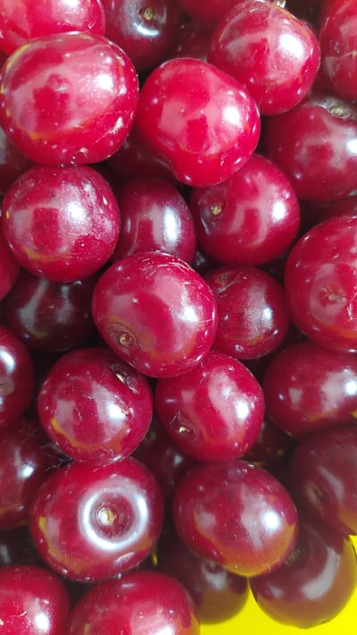 A close-up, top-down view of a pile of ripe, dark red cherries is shown. The cherries are plump and glossy, with some showing subtle variations in color from deep crimson to a brighter red. A few cherries have small stems still attached, and others display the characteristic indentation where the stem was removed. The lighting highlights the smooth, rounded surfaces of the fruit, creating bright specular reflections. The background is a vibrant yellow, providing a stark contrast to the deep red of the cherries. The image was taken in Kamensk-Shakhtinsky, Russia.