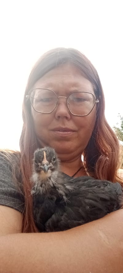 A person wearing eyeglasses and a grey t-shirt is holding a black chick in their arms. The person has long, auburn hair and is looking at the camera. The chick is facing forward and appears to be looking at the camera as well. The background is bright and appears to be outdoors, with some greenery visible on the right side. The image was taken in the village of Yanvartsev, in the rural district of Yanvartsev, Kazakhstan.