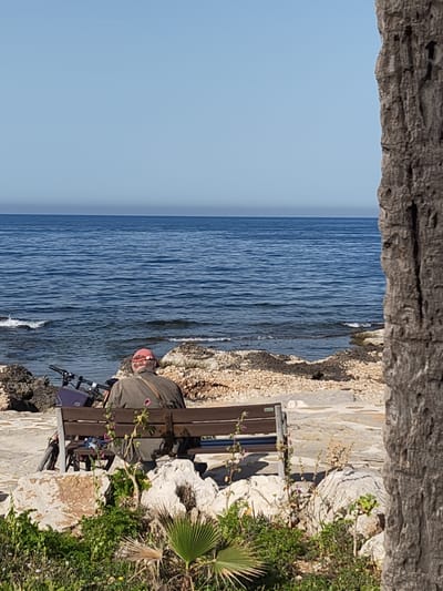 A photograph taken in Rotes, Spain depicts a man sitting on a park bench facing the sea. The man is wearing a red cap and a tan jacket. A bicycle is parked behind the bench to the left of the man. In the foreground, there are rocks and plants. To the right of the image, a tree trunk is partially visible. The scene is set on a sunny day with a clear blue sky.