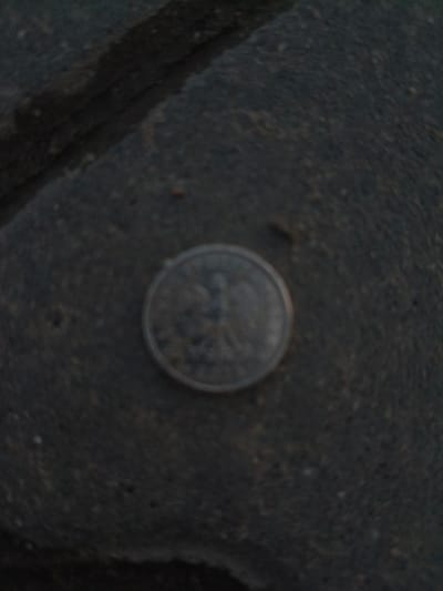 A single coin, appearing to be a Polish 1 grosz coin from its size and color, lies on a dark, textured surface that resembles asphalt or a similar paved area. The coin is slightly out of focus, but a depiction of an eagle, the national emblem of Poland, is discernible on its obverse side. The background shows a section of what appears to be a dark, rough stone or concrete block. The overall lighting suggests it is either early morning or late evening, with low light conditions. The scene is devoid of human presence and activity.