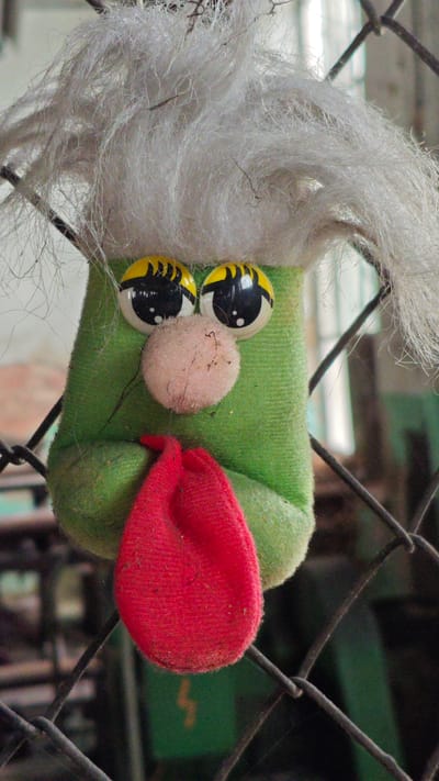 This is a close-up, vertical, eye-level shot of a homemade puppet, possibly a troll or monster, made from a green sock. The puppet has large, wide-set eyes with black pupils, white irises, and yellow accents with black tufts resembling eyebrows or eyelashes. A round, pinkish, fuzzy material serves as its nose. Dangling from below the nose and mouth area is a bright red, soft fabric, possibly a tongue or a scarf. The puppet's head is adorned with a large mass of tangled, wispy white hair that extends upwards and to the sides.

The puppet is positioned in front of a dark, wire-mesh fence. The background is blurred but suggests an indoor or sheltered outdoor setting with muted colors. There are hints of green and brown, and a faint, out-of-focus light source in the upper right quadrant. The overall impression of the puppet is somewhat whimsical and perhaps a bit neglected, given the wispy hair and the dusty appearance on its face. No specific activity is taking place; the puppet is stationary. The lighting is somewhat dim, suggesting it could be daytime with overcast weather or an indoor setting with artificial light. The location context is Goczałków, Poland, though there are no explicit visual cues in the image to confirm this. No text is visible in the image.