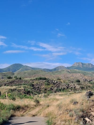 The image depicts a landscape in Malishka, Armenia, characterized by rolling green hills under a bright blue sky with scattered white clouds. The foreground features a dirt path leading into a field of dry, golden grass and sparse green vegetation. In the midground, a rocky, uneven terrain is visible, with scattered green bushes and some agricultural trellises. The background is dominated by undulating hills, some with terraced patterns, and more rocky outcrops. The overall impression is of a rural, arid mountainous region on a clear day. There are no people or animals visible in the image.
