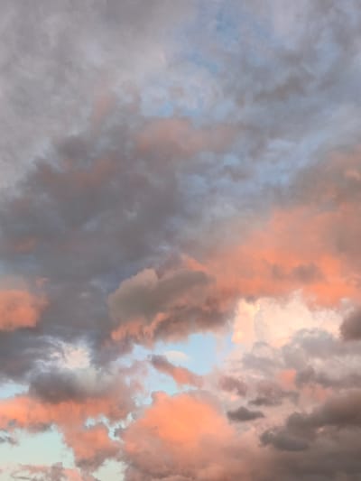 The image is a close-up, vertical shot of a cloudy sky, likely taken during sunset or sunrise due to the presence of pink and orange hues mixed with gray and blue. The clouds are textured and appear somewhat dense in some areas, with lighter, more diffused clouds in others. There are no discernible landmarks, people, or objects that would indicate a specific location within the city of Лосева, Belarus. The focus is entirely on the atmospheric conditions of the sky.