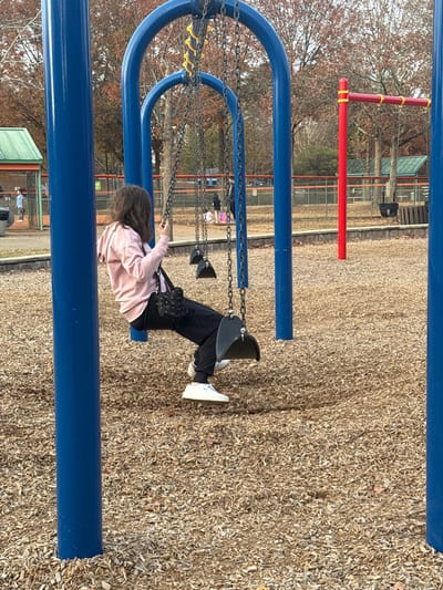 A child on a swing set wears black pants, a light pink hoodie, and white sneakers. The swing set is blue. The playground surface appears to be wood chips. Another swing set with a red element is behind. Bare trees appear in the background.