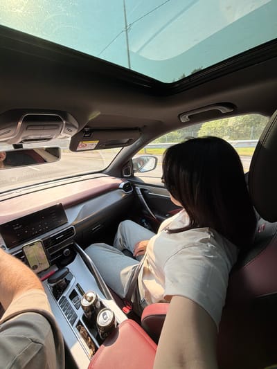 The image depicts the interior of a car, likely in motion, as suggested by the light filtering through the sunroof and the outdoor scenery visible through the windows. A person with dark hair, wearing a light-colored shirt and light-colored pants, is seated in the passenger seat, looking away from the camera. Their right arm rests on their lap. The driver's left arm and shoulder are visible in the foreground, wearing a beige t-shirt. The car's interior features a modern dashboard with a large infotainment screen displaying navigation, a gear shifter, cup holders containing two cans, and a panoramic sunroof. The dashboard has red and silver accents. The location is specified as Фёдорово, Russia.