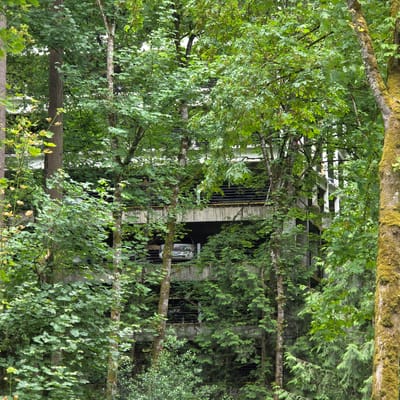 The image depicts a multi-level concrete parking garage, partially obscured by dense green foliage. The garage features open-air levels with concrete support structures and metal railings. On one of the upper levels, a white pickup truck with a chrome grille is visible. The environment suggests an outdoor setting, likely integrated into a natural landscape, given the abundance of trees and vegetation surrounding the structure. The overall scene appears to be a typical urban or suburban setting where architecture and nature coexist.