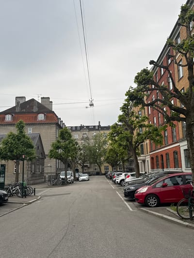 The image depicts a street scene in Frederiksberg, Denmark, under an overcast sky, suggesting a cloudy day. The perspective is from street level, looking upwards and along the street. 

The primary subjects are buildings and parked cars. On the left, a multi-story building with a yellow brick facade and red accents is visible, featuring numerous windows. In front of this building, a mature tree with a distinctive, gnarled branch structure and green foliage is prominent. Adjacent to the sidewalk, a row of parked cars lines the street. A bright red car is particularly noticeable, followed by several other vehicles in various colors including black and white. Further down the street, more buildings are visible, some with reddish-brown tiled roofs and arched windows.

Several bicycles are parked along the sidewalk. One is a bicycle rack filled with several bikes. Another is a single bicycle with a large wheel and a black frame, parked near the curb. 

The scene appears to be a typical urban environment. There are no people visible in the image. The lighting is diffused due to the cloudy weather. Visible text includes a dark green sign on the right side of the image with white lettering, possibly indicating parking information ("P Info"). The overall impression is one of a quiet, residential or commercial street.