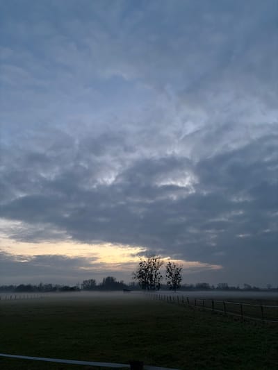 A landscape scene features a sky filled with textured, predominantly gray clouds, hinting at either dawn or dusk with a sliver of light breaking through. On the right, a field is divided by a fence, with trees lining the horizon, partially obscured by fog. The ground is a mix of green grass and mist. The photograph is taken at a low angle, accentuating the expanse of the sky.