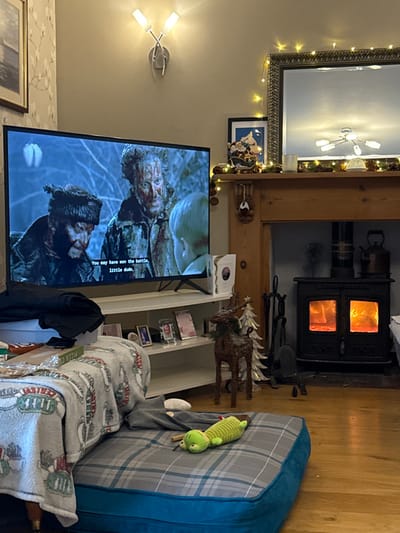 This image depicts a residential living room in Tideford, United Kingdom, characterized by a warm, evening ambiance. A large, wall-mounted flat-screen television is displaying a scene from what appears to be a film or television show. The screen shows three individuals: two adult males, both appearing distressed with dark substances (possibly dirt, blood, or mud) on their faces and clothing. The male on the left wears a dark fur hat, while the male in the center has prominent red stains on his face and chest. A third, fair-haired individual, possibly a child, is seen from behind, facing the two adults. Subtitles are visible at the bottom of the screen, stating: "You may have won the battle, little dude."
Below the television is a white media console displaying framed photographs and other small items. A dark garment is draped over an unseen object in the lower left foreground, partially obscuring the media console. To the right of the television, a wooden mantelpiece is adorned with string lights and festive garland. A large framed mirror hangs above the mantel, reflecting a multi-arm ceiling light fixture. On the mantel, a decorative Santa Claus in a sleigh and other holiday ornaments are visible. Below the mantel, a dark, cast-iron wood-burning stove is actively burning, with visible flames behind its two glass doors. Fireplace tools are positioned to the left of the stove, and a copper kettle and another dark pot rest on the hearth to its right.
The floor is composed of wooden planks. In the foreground, a large pet bed with a blue and grey plaid pattern occupies the center-right, featuring a green, worm-like plush toy. A grey garment is also on the pet bed. To the immediate left, a piece of furniture, possibly a couch, is covered with a grey blanket featuring a repeating pattern of holiday-themed mugs. A portion of a pizza box is visible on this furniture. A brown, wicker-like reindeer figure and several small white decorative Christmas trees stand on the floor to the right of the TV stand. A modern wall sconce with two upward-facing lights is mounted on the wall above the television. The walls are light-colored, with a patterned wallpaper section visible on the far left.