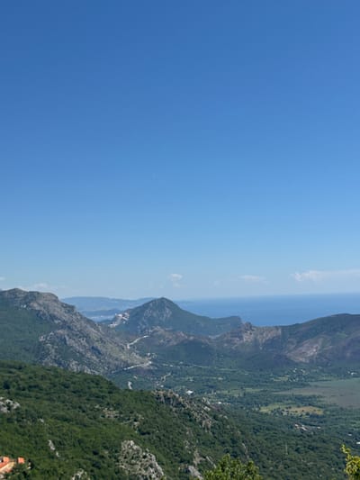 A landscape photograph, taken from an elevated perspective, features a mountainous terrain under a clear blue sky. The mountains, primarily covered in dense green vegetation, descend into a valley where small villages or settlements, possibly including Novoselje, Montenegro, are interspersed with patches of greenery. The peaks are rugged, showcasing rocky textures and steep inclines. A body of water, possibly the sea or a large lake, is faintly visible in the background, partially obscured by the atmosphere or a slight haze. The sky dominates the left side of the frame, its color a gradient of azure blue.