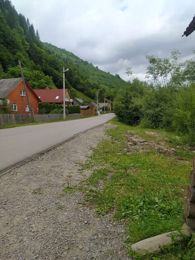 This is a street-level photograph taken in Breboia, Ukraine. The scene depicts a paved road curving through a village. On the left side of the road, there are several wooden houses with red roofs, a wooden fence, and a hillside covered in lush green trees. A single utility pole with a light fixture is visible. On the right side of the road, there are dense green bushes and trees, with a patch of unkempt grass and gravel. A person is walking away from the camera down the road on the left side. The sky is overcast with grey clouds. The overall impression is a quiet, rural setting.