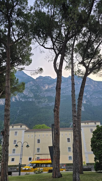 This image captures a scenic view in Riva del Garda, Italy. The scene is dominated by the silhouettes of several tall pine trees in the foreground, their branches reaching towards the sky and partially obscuring the background. Behind the trees, a majestic mountain range rises, its slopes covered in lush green vegetation. The mountains are shrouded in a light haze, suggesting it is either early morning or late afternoon.

In the mid-ground, a large, light-yellow building with multiple windows is visible. The architecture suggests a historical or institutional structure. A bright yellow tour bus with red seating is parked in front of this building, indicating a tourist activity or a local transport service. The bus has text on its side, but it's too blurry to read. A street lamp with two globes stands near the bus, adding to the urban or semi-urban setting adjacent to the natural landscape.

The sky is overcast, with soft, diffused light, indicating a cloudy or hazy day. The overall mood is serene and picturesque, blending the natural beauty of the mountains with the presence of human structures. There are no people clearly visible in the image. The perspective is horizontal, looking out from behind the trees towards the building and the mountains.
